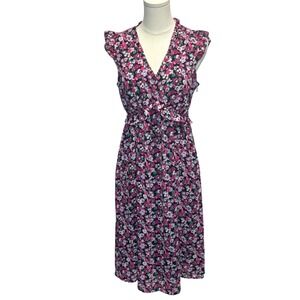J Crew Floral Midi Dress Sz 4 Pink Purple Ruffles Sheer V-Neck Ditsy Cottagecore